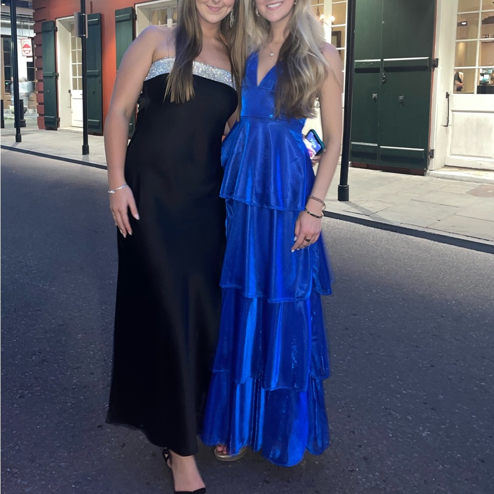 Lulus “Can’t Stop the Glam” Blue Metallic Tiered Formal Maxi Dress!